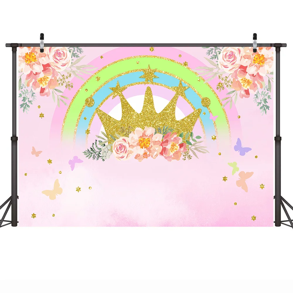 Цветочный фон для фотосъемки Радужный фон для фотосъемки день рождения фоны золотая корона для девочек розовая тема для фотосъемки