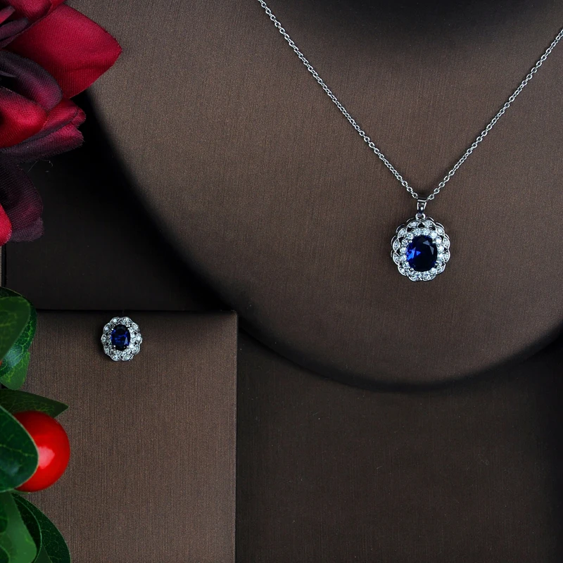 HIBRIDE Luxury Blue Oval Shape AAA Cubic Zircon Pendant Jewelry Sets Necklace Sets Earings Set Girl Gift Full Jewelry Set N-548 - Image 2
