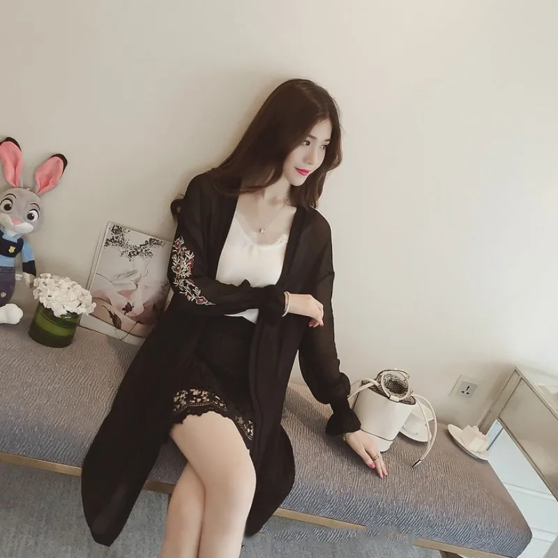 Summer Kimono Cardigan Pink white Women 2018 Korean Flare Sleeve Floral Embroidery Chiffon Blouse Long Shirt Women Cardigans