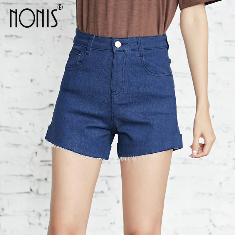 

Nonis Solid Women Denim Shorts Front burr Back cuffs Femme all match Elastic student College vintage Style jean pantalones