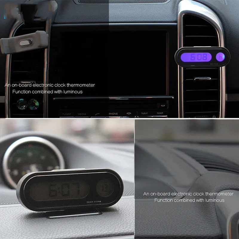 

1ps Car Dashboard Luminous Backlight Car Thermometer Clock LCD 2 In 1 Electronic Watch Decoration Ornament