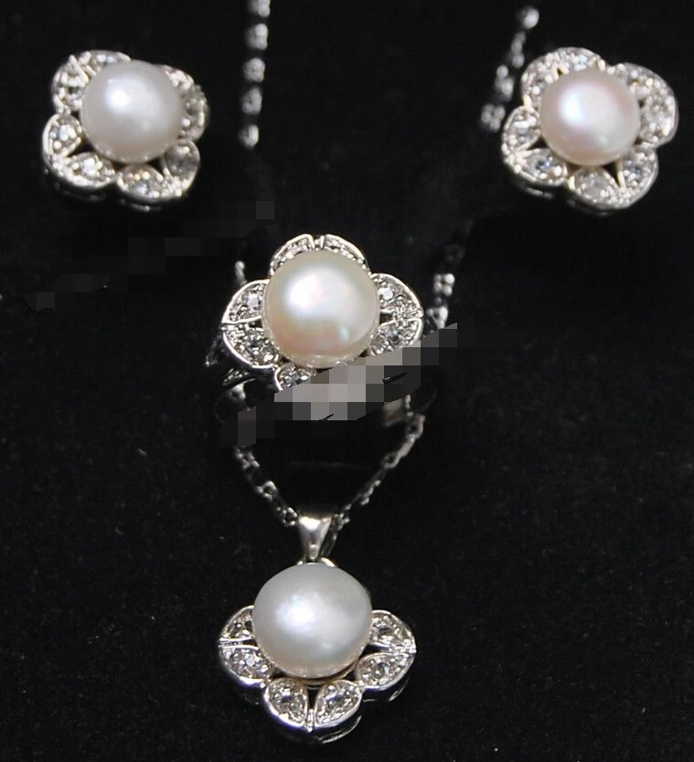 

free shipping 07549 White Akoya Cultured Pearl ring earrings necklace Pendant set (A0513)