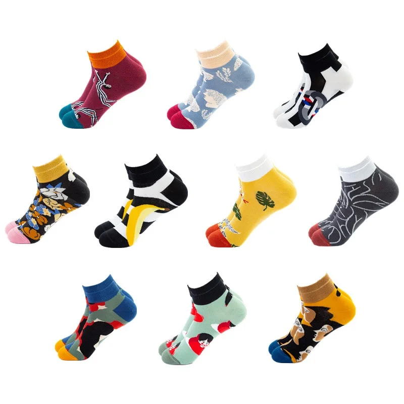 10 пар/лот, мужские летние короткие носки, новинка, креативный дизайн, повседневные носки-лодочки, чёсаный хлопок, цветные короткие носки - Цвет: 1