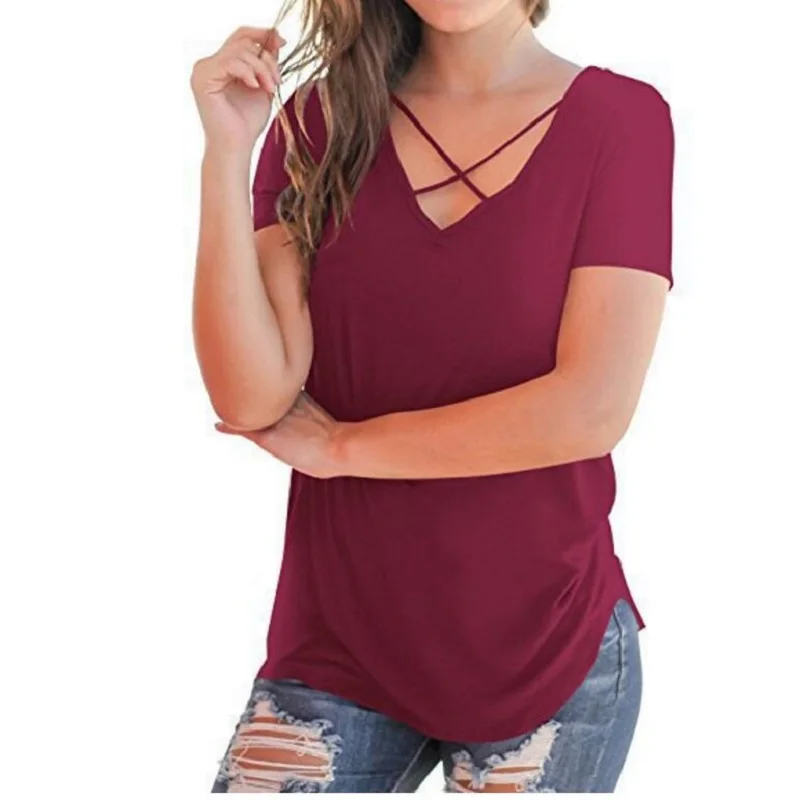 

New Spring Summer 2019 Women T-shirt Short Sleeve Sexy V-Neck Loose Long Shirt Plus Size Women Clothing Solid Color Summer Tops