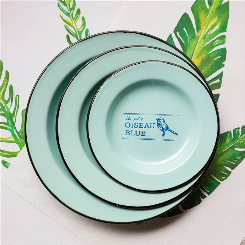 

(3 pieces/set)Enamel Dinner Plates Dishes Plate Set Bird Pattern