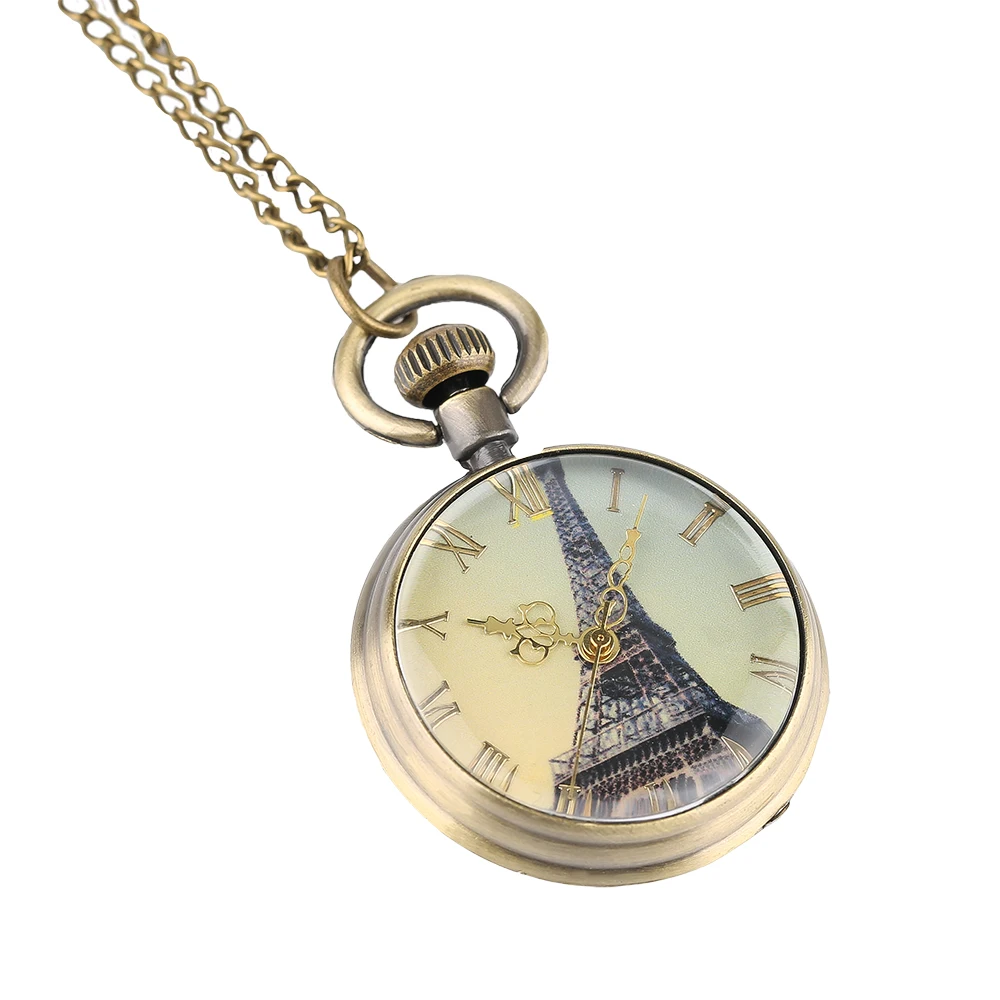 YISUYA Eiffel Tower Pendant Chain Pocket Watch Men Kid Retro Necklace Quartz Watched Hand Around Women Clock Skull Punk Gift  (5)