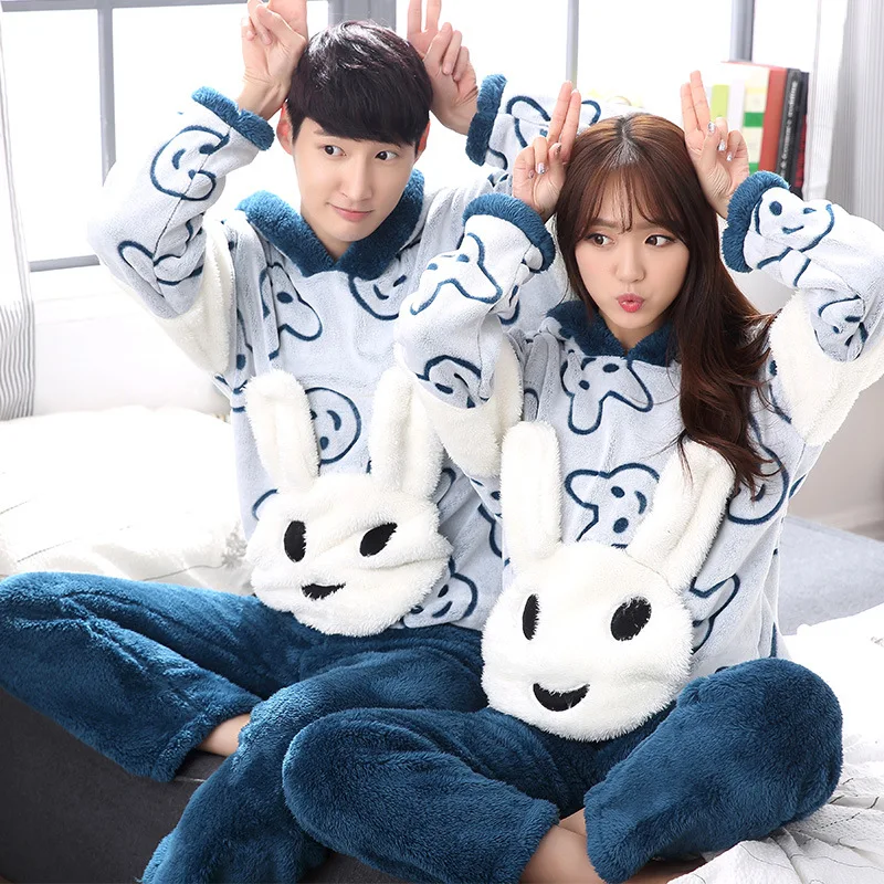 

Mens pajamas set unisex winter nighty sets soft warm plush flannel rabbit hooded bedgown suits cartoon home clothing pockets