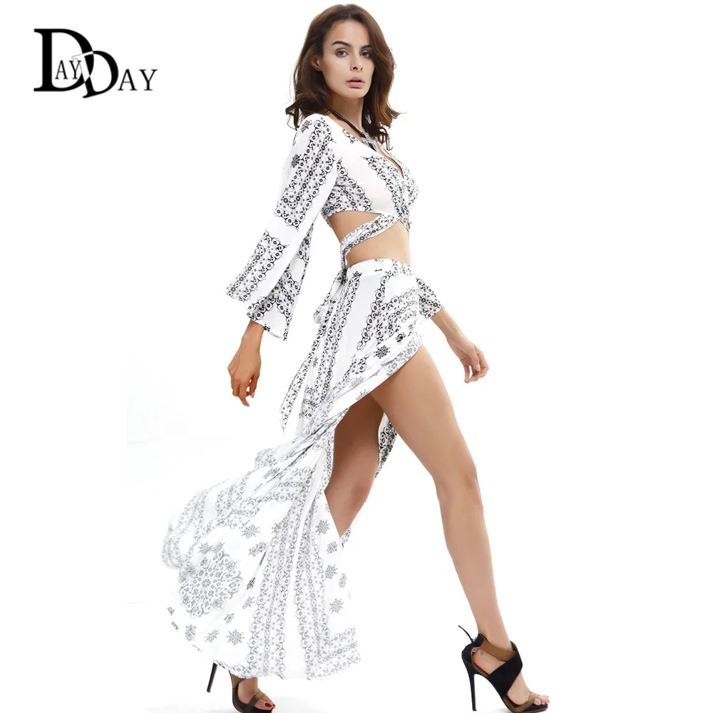 2017 Summer Beach wear Women Crop Top Long Skirt Sets Vintage Boho