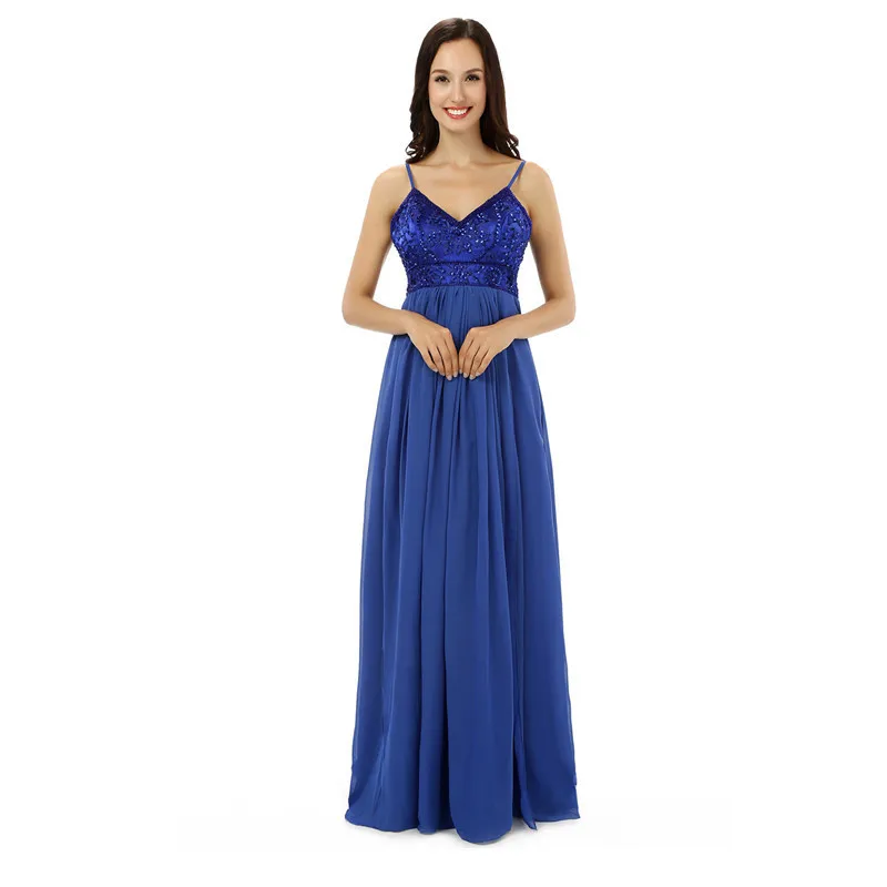 

Real Photo Blue Evening Dress New Arrival A Line V Neck Backless Long Chiffon Formal Party Gown Plus Size Pregnant Women
