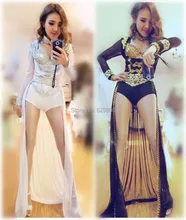 2016 New women sequins rhinestone 3 piece set long tail dress jumpsuit female singer DS DJ dance costumes bodysuit nightclub bar