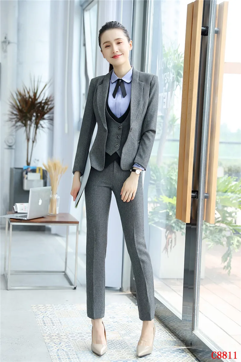 Fashion Formal Women Business Suits 3 Piece Vest, Pant and Jacket Sets Work Wear Ladies Grey Waistcoat OL Styles Fashion Formal Women Business Suits 3 Piece Vest, Pant and Jacket Sets Work Wear Ladies Grey Waistcoat OL Styles