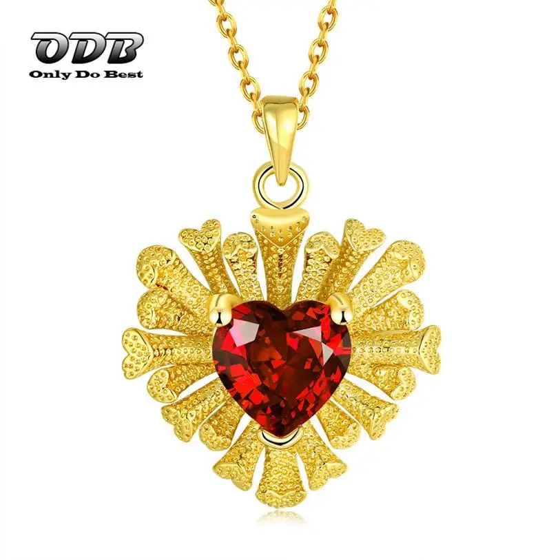 Heart Ruby Women Pendant Necklace 18K 24K Real Yellow Gold
