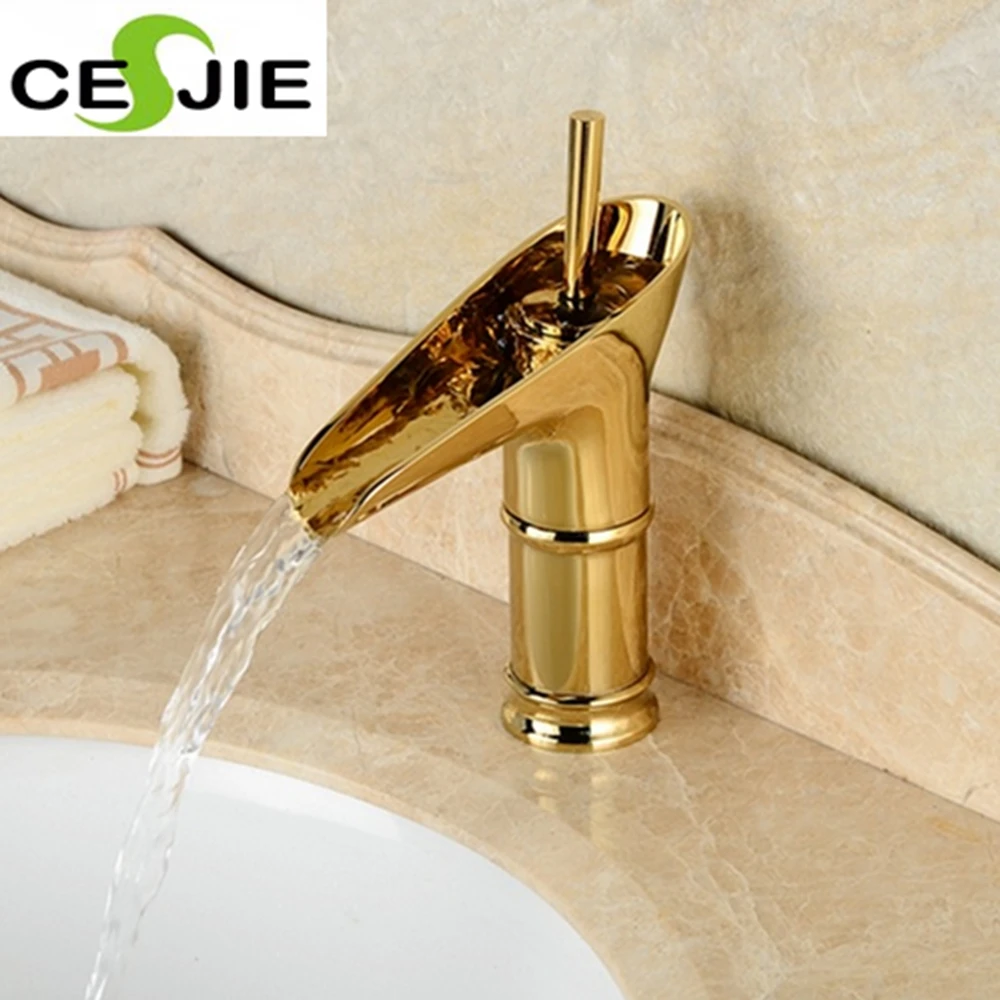 

Waterfall Bathroom Sink Faucet Luxury Golden Plish Basin Faucet Mixer Tap Deck Mount