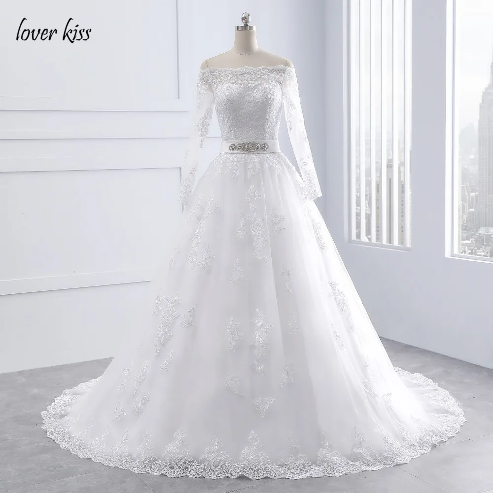 Lover Kiss Wedding Dresses Princess Lace Bridal Bride Gowns with veil robe de mariage Luxury Vintage Long Sleeves off Shoulder 13