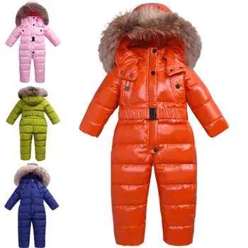 

2-5T 80% White Duck Down Winter Warm Jumpsuits Children Girls One-Piece Down Cotton Clothes Russia Fur Warm Snow Overalls boys