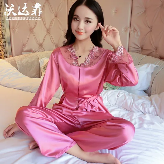 2016 spring summer silk nightgown big size 2 pcs silk pajamas ladies