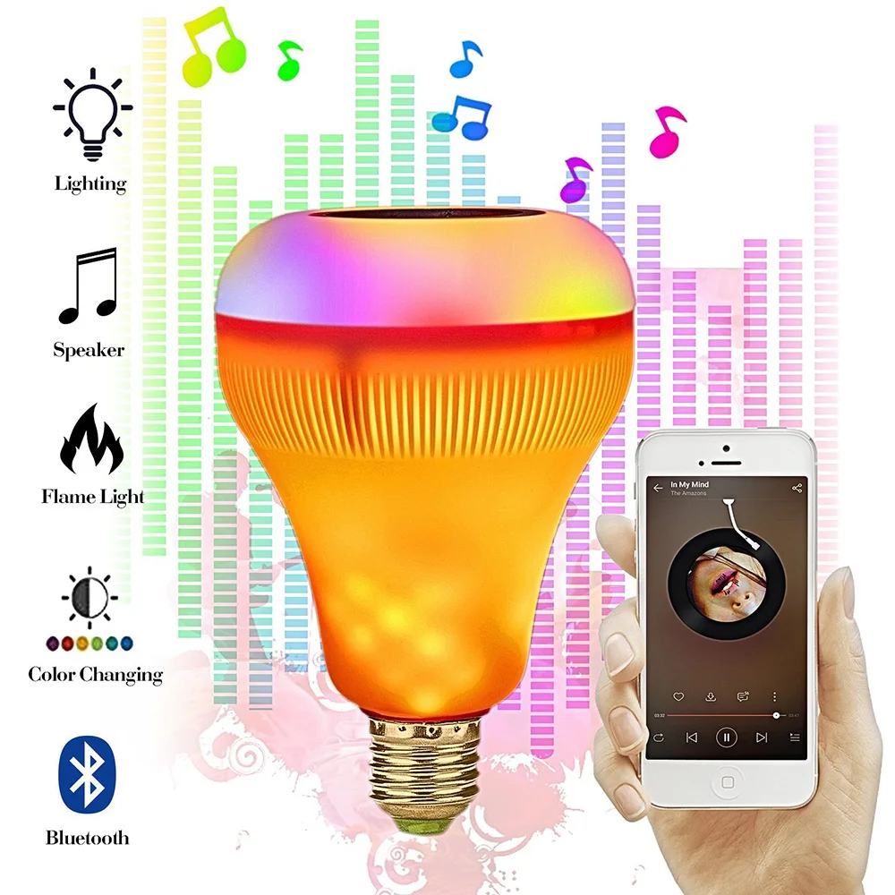 E27 Wireless Flame Effect Bulbs Bluetooth Speaker LED RGB Music Bulb