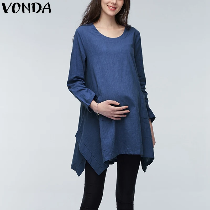 VONDA весенние блузки для беременных женщин, рубашки с длинными рукавами и карманами, ассиметричные Блузы с разрезом, топы больших размеров, Одежда для беременных