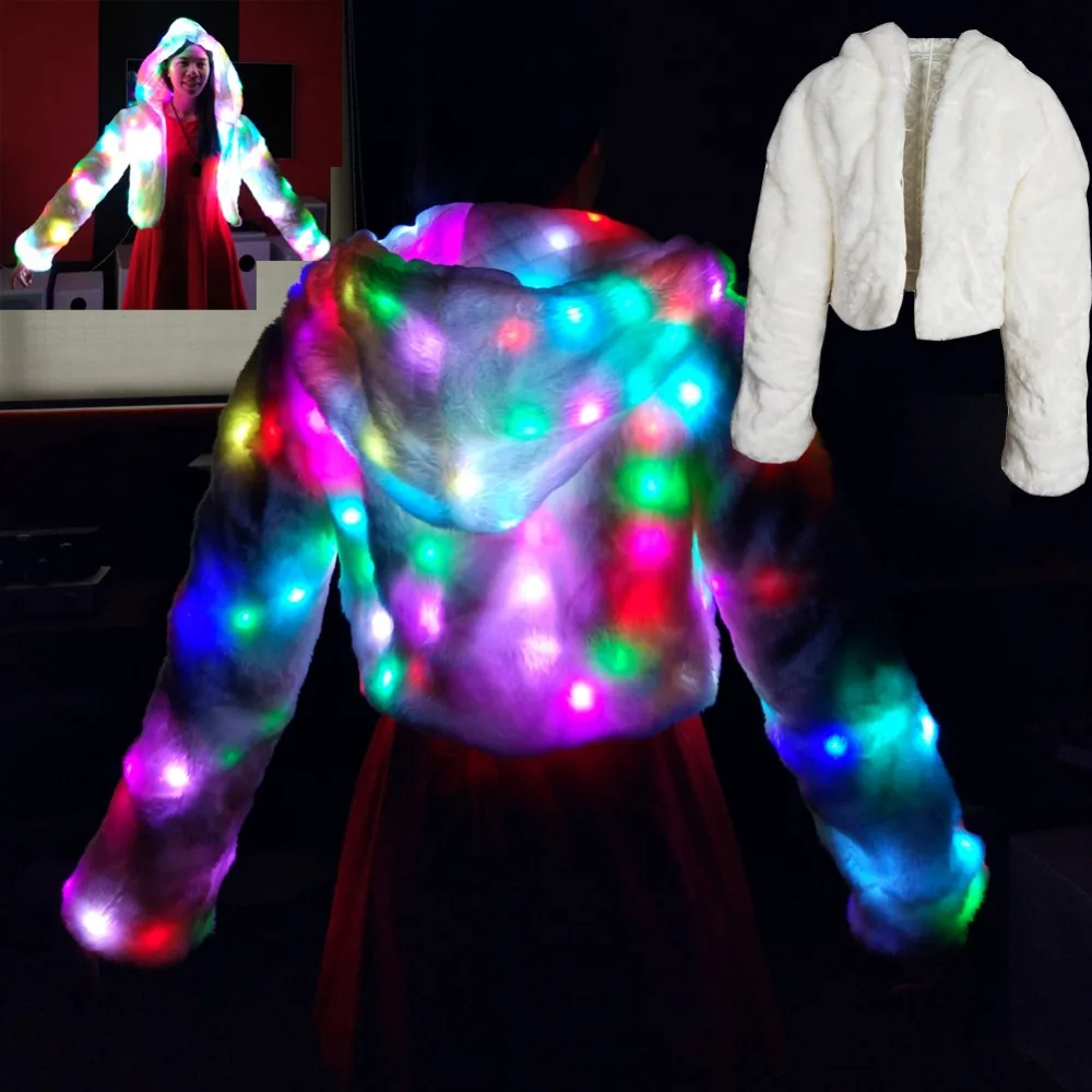 

ohlees Led Light Shining Christmas Eve Party Jacket Women Winter Long Sleeve Fur Coat Decorative Overcoat Dance