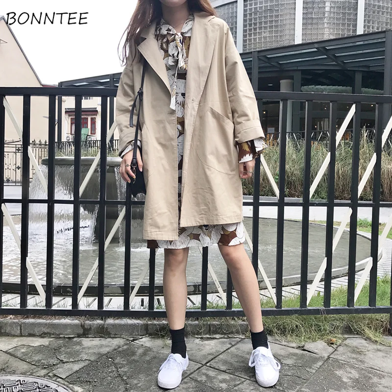 

Trench Women Single Breasted Classic All-match Leisure Womens Loose Chic Korean Ladies Trendy Soft Slim Outerwear Daily Simple