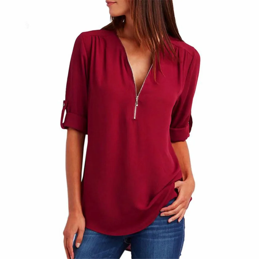 5XL Осенняя женская шифоновая блузка большого размера, сексуальные топы с v-образным вырезом, свободная повседневная женская блузка на молнии размера плюс, синяя блуза - Цвет: Wine Red