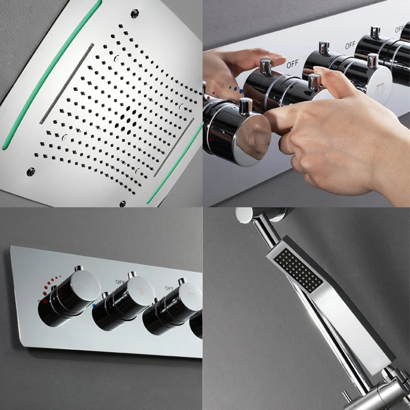 Bathroom Shower Set Thermostatic Mixer Shower Faucets LED Ceiling Rainfall Showerhead Misty Rain Shower Waterfall With Slide Bar