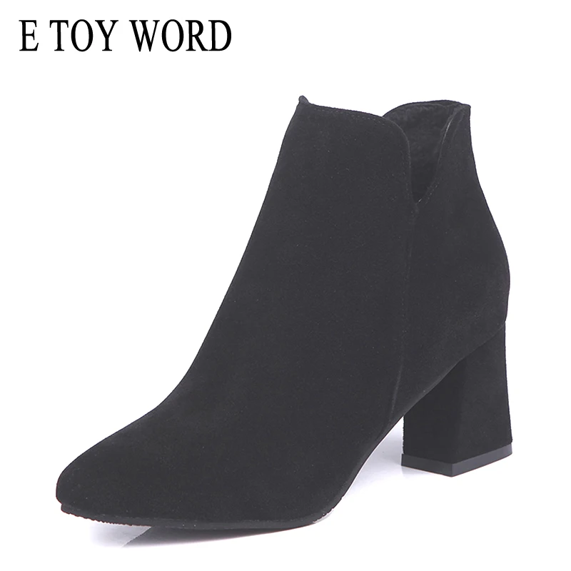 E TOY WORD Women Ankle boots 2019 Autumn Shoes Women Pointed Toe Martin Boots Black Suede Woman boots Zipper High Heels