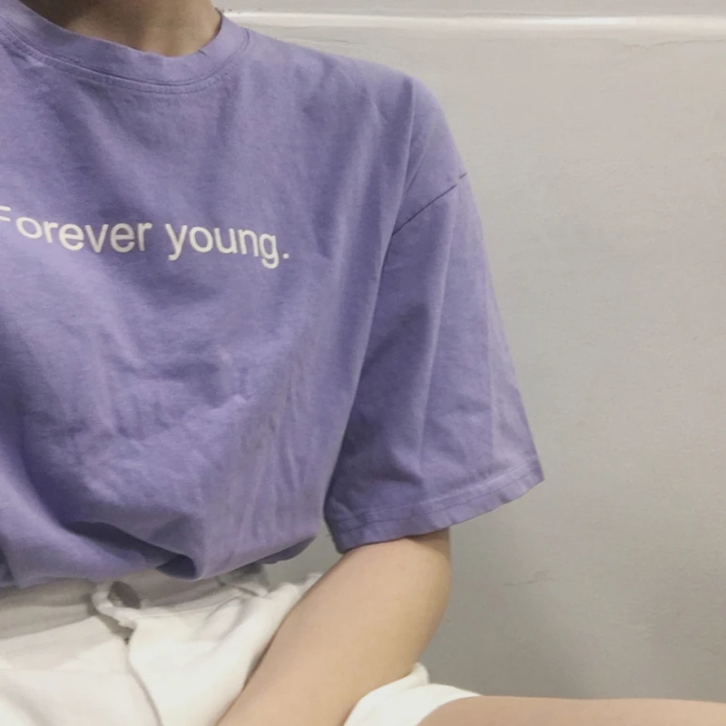 女性のためのカチューンスタイルのtシャツ 韓国のファッションtシャツ 紫 白 永遠に良い手紙がプリントされた 21 T Shirts Aliexpress