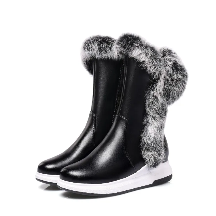 

US4-11 Womens PU Leather Pointed Toe Mid Calf Ankle Boots Hidden Heel Side Zip Rabbit Fur Shoes Snow Black White Plus Size A662