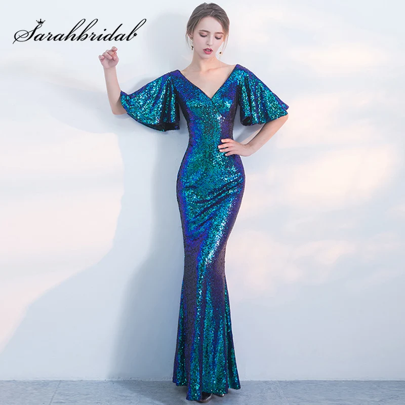 

Shining Sequin Peacock Mermaid Evening Dresses Sexy V-Neck Half Sleeve Zipper Back Maxi Prom Party Gowns Cheap Dress L3101