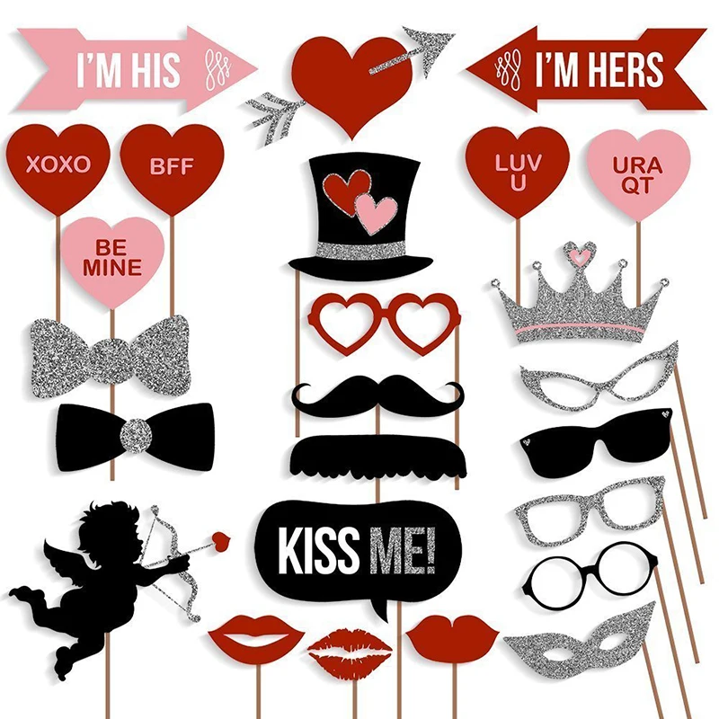 27pcs Photo Booth Props Cupid's Arrows Mask Glasses Mustache Lip On A Stick Valentine's Day Wedding Birthday Party Supplies (2)