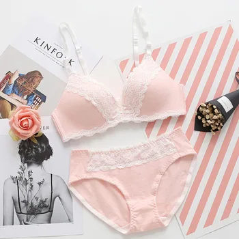 

Girl thin section rimless bra suit thin mold cup deep v gather lace underwear small chest Japanese bra