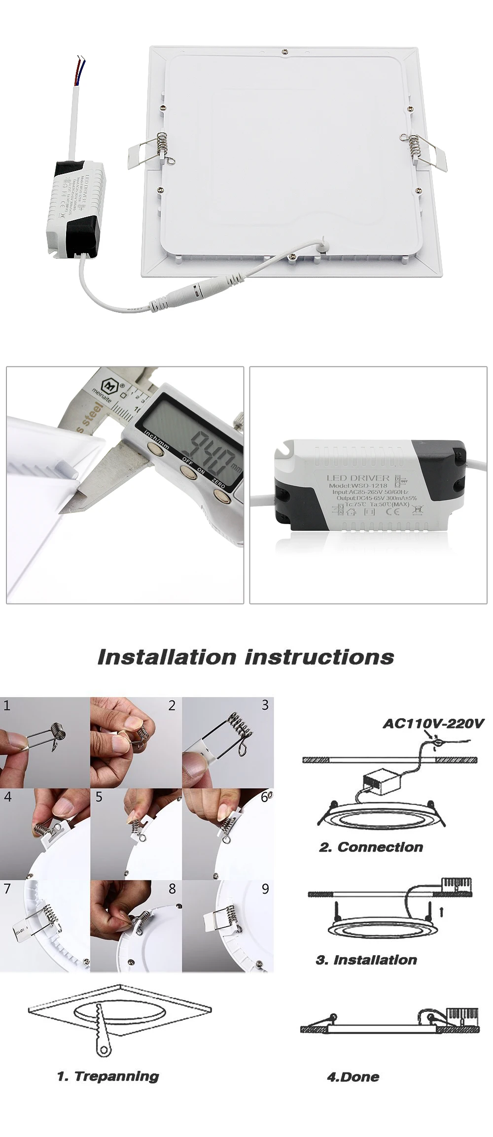LED Downlight Square Round Lamp 3W 6W 9W 12W 15W 18W Dimmable Ceiling Recessed Bulb AC 85-265V SMD 2835 Panel Light With Driver