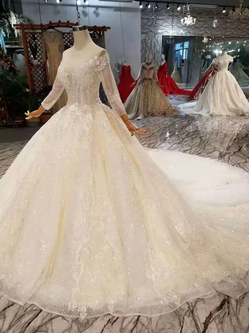 LS11237 бальное платье органза свадебное платье 2019 Иллюзия О-образным вырезом Длинные рукава из тюля на шнуровке сзади роскошное свадебное
