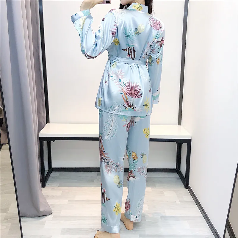 Fdfklak 3 шт. пижамы женские шелковые пижамы с принтом пижамный комплект с длинными рукавами из сатина Ночная одежда женская сексуальная с