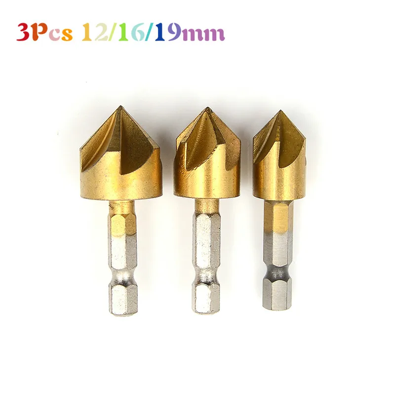 

3Pcs Metal Countersink Drills Tool For Hex Shank Chamfer Cutter Tool 12/16/19mm