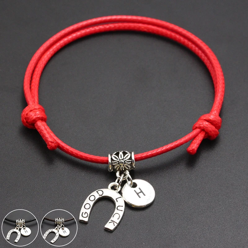 

A-Z English Alphabet Good Luck Horseshoe Charm Red Thread String Bracelet Handmade Diy Lucky Rope Bracelet For Women Men Jewelry