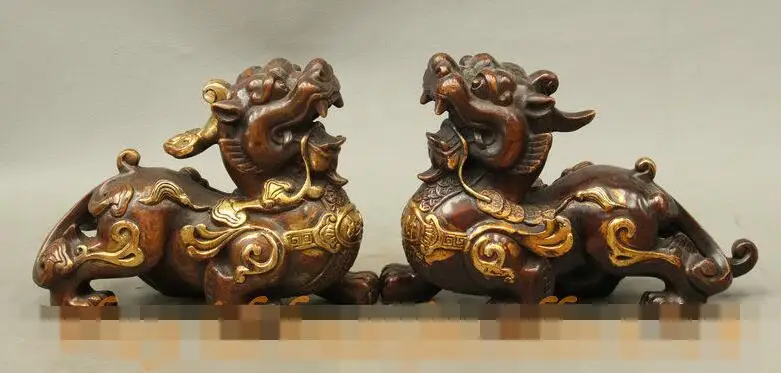 

S6997 9 Chinese FengShui Palace Bronze Gilt Wealth Coin Lion PiXiu Unicorn Statue Pair D0318