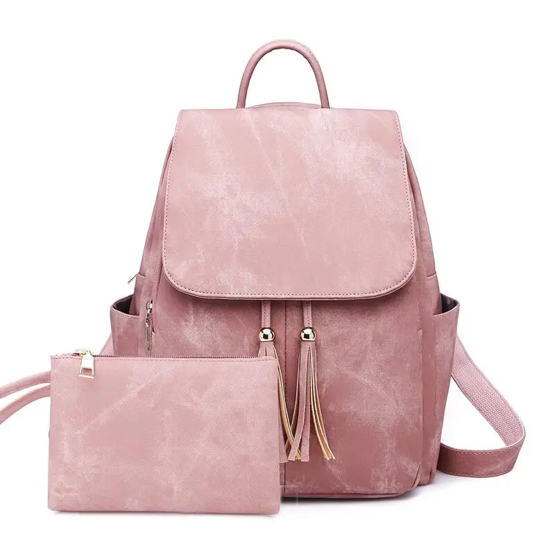 Модный комплект из 2 предметов, женский кожаный рюкзак, школьный ранец для девочек-подростков, женский рюкзак с кисточкой, Bolsas Mochilas - Цвет: Pink