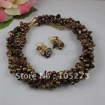 

Wholesale Elegant jewelry set Brown crystal fresh water pearl necklace earring magnet clasp 5rows free shipping A2094a