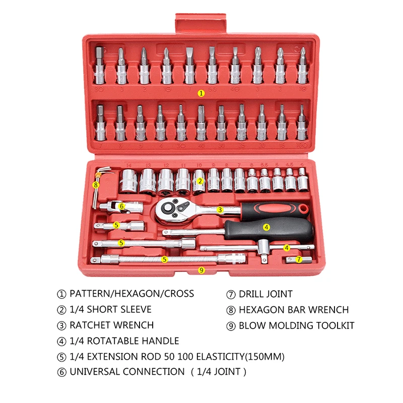 Набор торцевых головок PRACMANU 46 шт., 1/4 дюйма, инструмент для ремонта автомобиля, набор трещоток, динамометрический ключ, комбинированный набор ключей, хром-ванадиевый