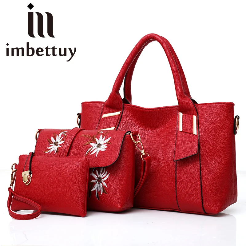 

Imbettuy 3pcs/set Women Handbag Large Artificial Leather Tote Bag Female Shoulder Crossbody Bag Retro Embroidery Blosa Mujer