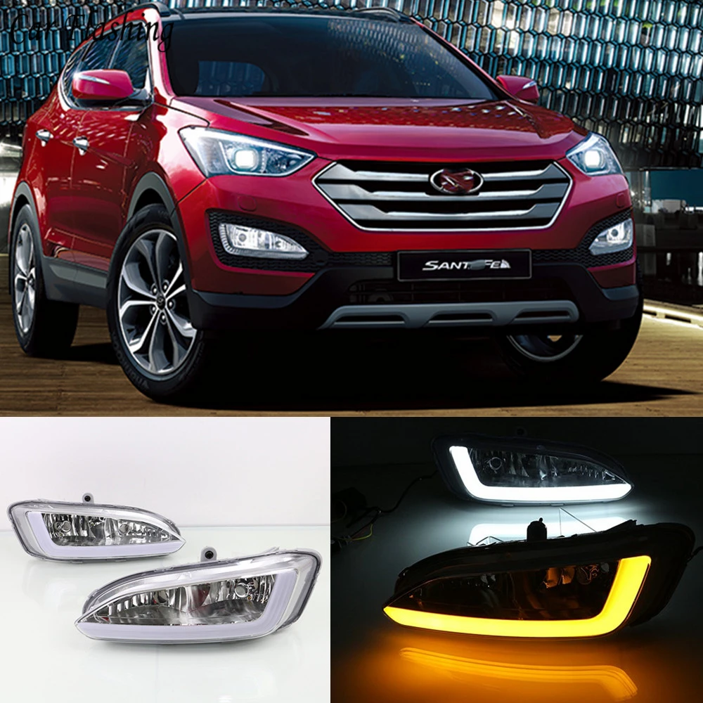 

Car Flashing 2Pcs LED Daytime Running Lights DRL 12V Fog lamp with turn yellow signal For Hyundai Santa Fe IX45 2013 2014 2015