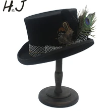 Шерсть черный Для женщин Для мужчин стимпанк Top Hat с ручной работы модные перо Fedora Косплэй Magic Hat Топ 13,5 см 4 размеры