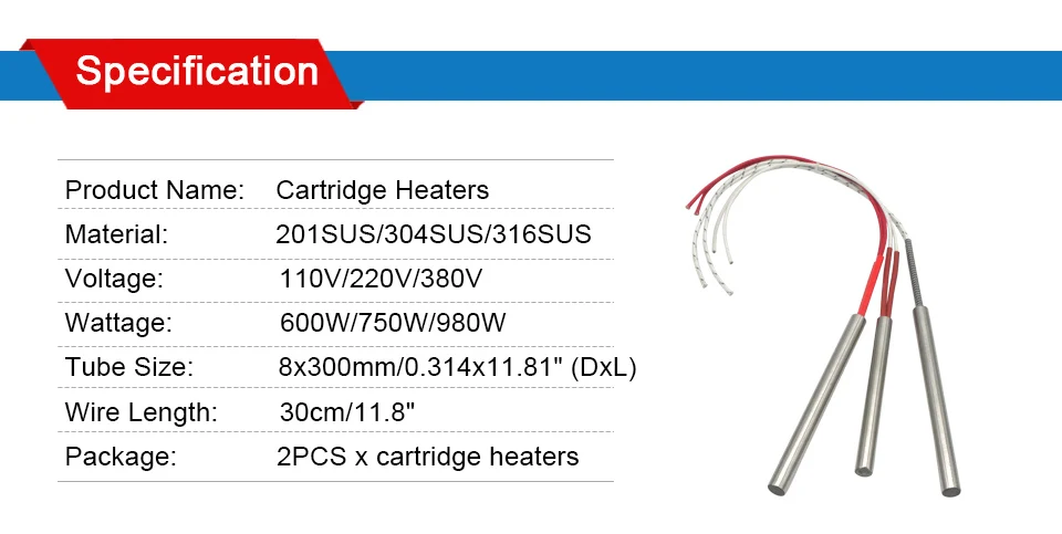 LJXH Нагревательный элемент электрического для нагрева картридж обогреватели 8x300 мм/0,314x11,81 "AC110V/220 V/380 V 600 W/750 W/980 W для формы