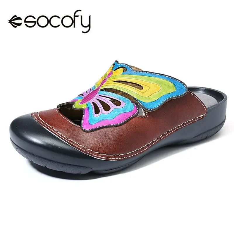 

SOCOFY Genuine Woman Shoes Leather Splicing Colorful Butterfly Pattern Stitching Adjustable Hook Loop Sandals Elegant Shoes