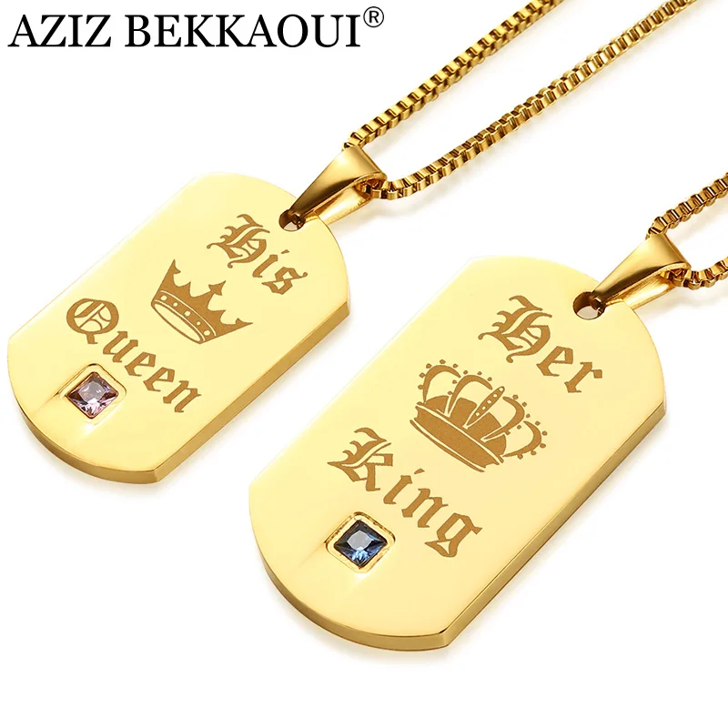 

AZIZ BEKKAOUI Luxury Gold Color Couple Necklaces Her King & His Queen Stainless Steel Pendant Necklace for Lover Dropshipping