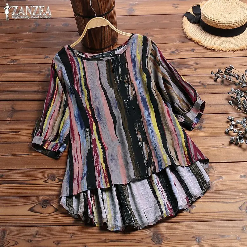 

Kaftan Women's Summer Striped Blouse ZANZEA Vintage Casual Shirt 3/4 Sleeve Shirt Female Asymmetrical Blusa Chemise Plus Size