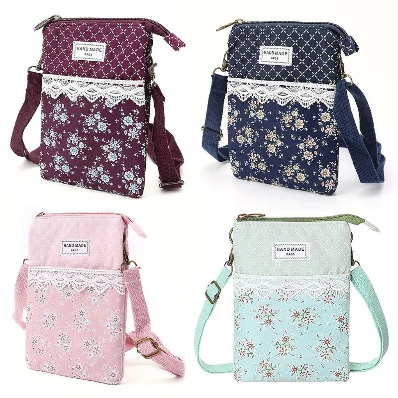 

High Quality Women Flower Printed Lace Wallet Purse Coin Cell Phone Case Mobile Bag Pouch 2019 Mini Shoulder Bags For Women