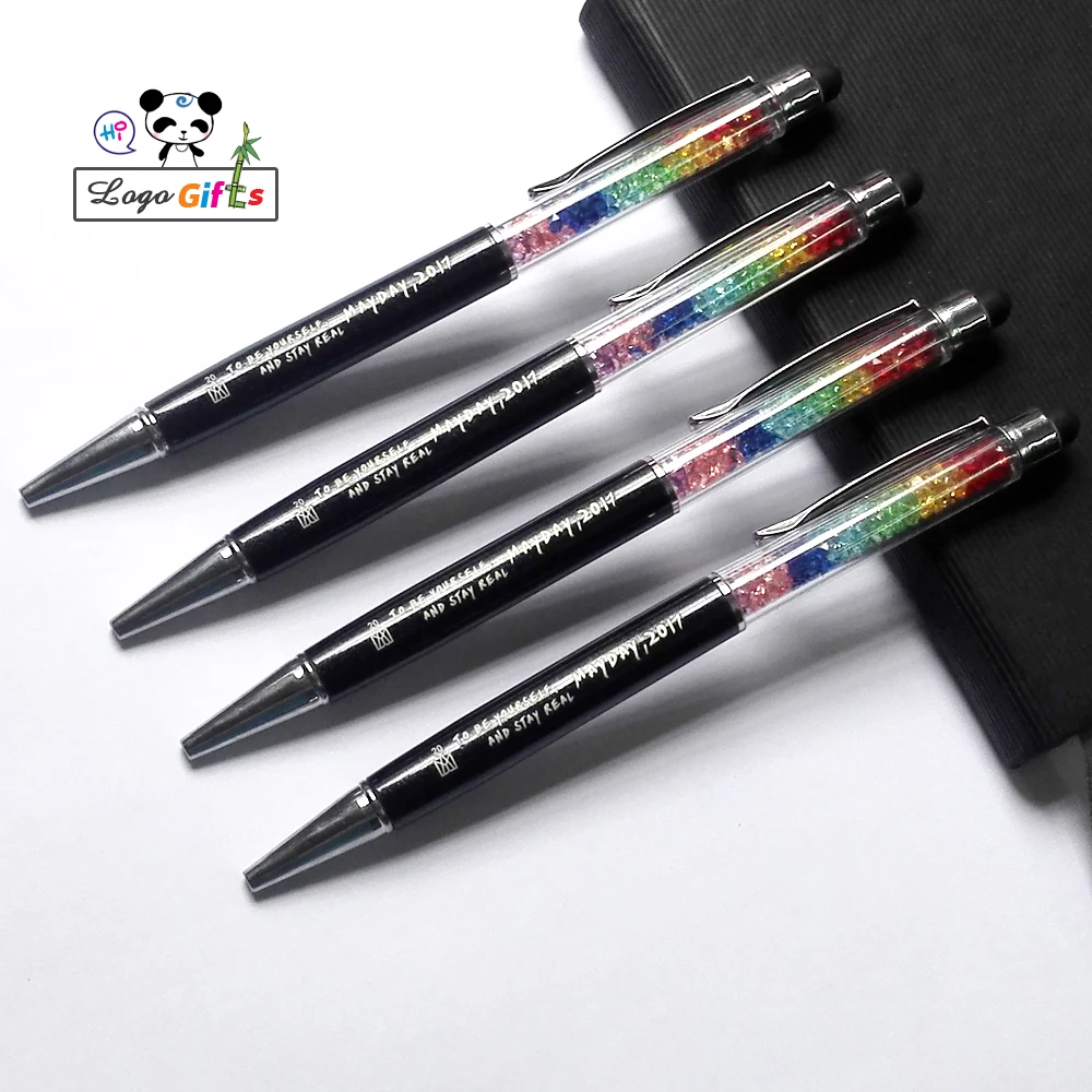 

Rainbow diamond crystal metal pen with stylus for touching pad and phone custom print with your logo text FREE 40pcs a lot